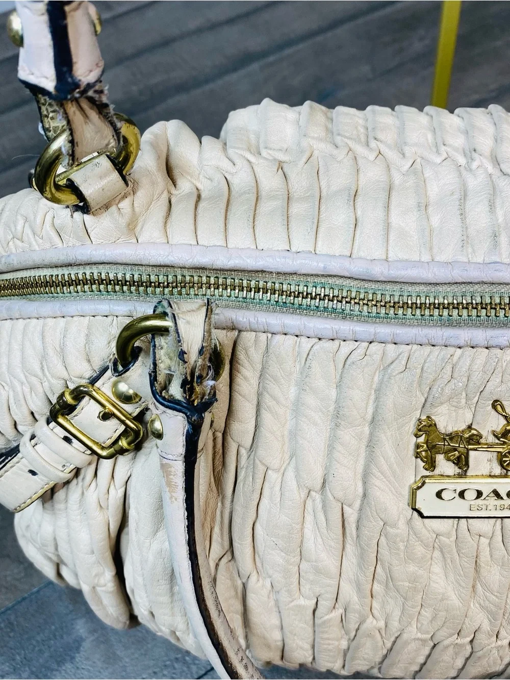 Coach Madison Gathered Leather Satchel Bag Off-White Cream Gold Hardware